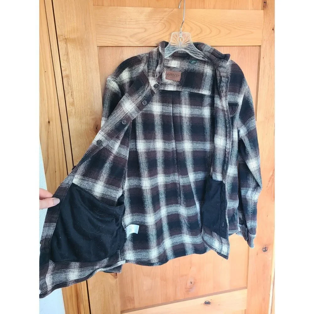 Orvis Plaid Heavyweight Shirt Shacket MEDIUM Brown Black‎ Outdoors Grandpa Cabin